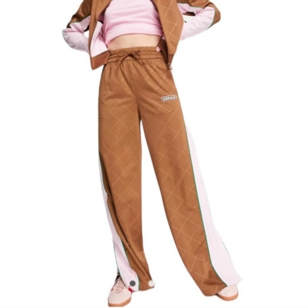 ADIDAS Wide Leg Carmel Brown Pink 3 Stripe Baggy High Rise Bell Hem Sport Pant M